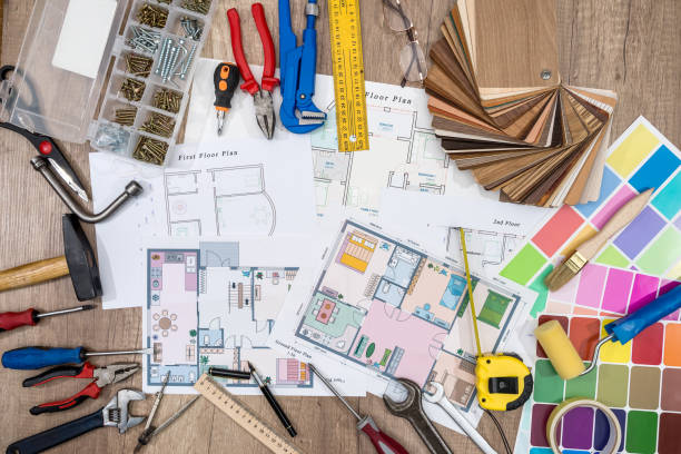 istock design concept with material laminate  sample and house plan blueprints. 660674156