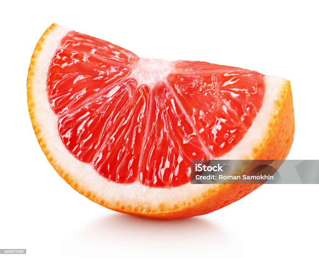 wedge of pink grapefruit citrus fruit isolated on white Ripe slice of pink grapefruit citrus fruit isolated on white background with clipping path Grapefruit Stock Photo