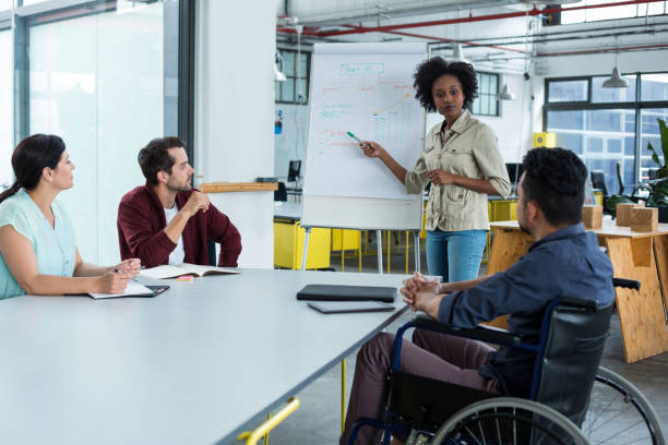 istock Business executives discussing over flip chart during meeting 660681924