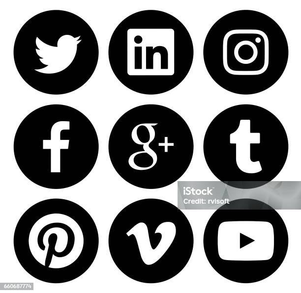 블랙 라운드 인기 있는 소셜 미디어 로고의 컬렉션 소셜 네트워킹에 대한 스톡 사진 및 기타 이미지 - 소셜 네트워킹, 아이콘, 인스타그램