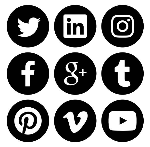 Collection of round popular social media black logos Kiev: Collection of round popular social media black logos printed on paper: Facebook, Twitter, Google Plus, Instagram, Pinterest, LinkedIn, Vimeo, Tumblr and Youtube symbol stock pictures, royalty-free photos & images