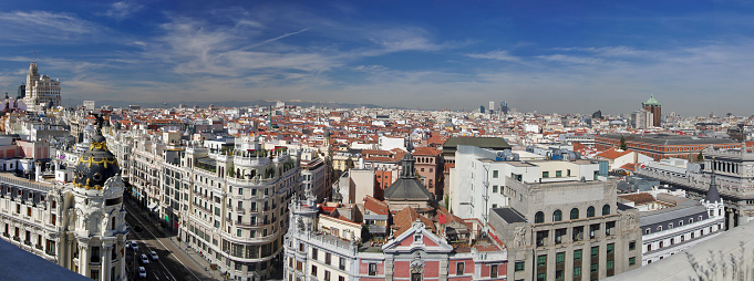 Panorama of the beginning of Calle Gran Via and center of Madrid, Spain