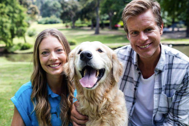 istock Couple sitting in the park with their dog 660689450