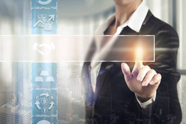 istock Business women touching the abstract screen 660689960