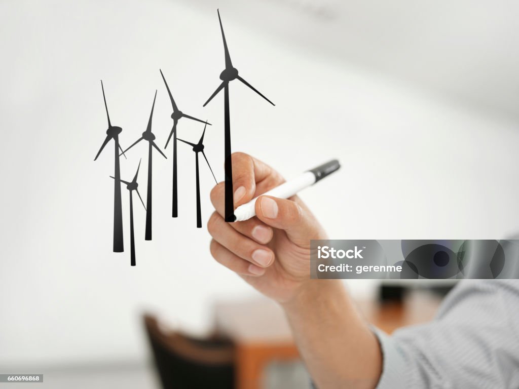 Mann Zeichnung Wind Tribünen - Lizenzfrei Windkraftanlage Stock-Foto