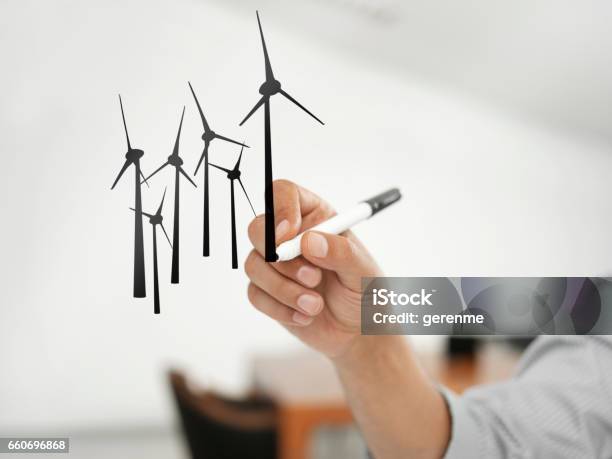 Mann Zeichnung Wind Tribünen Stockfoto und mehr Bilder von Windkraftanlage - Windkraftanlage, Fotografie, Nachhaltige Entwicklung