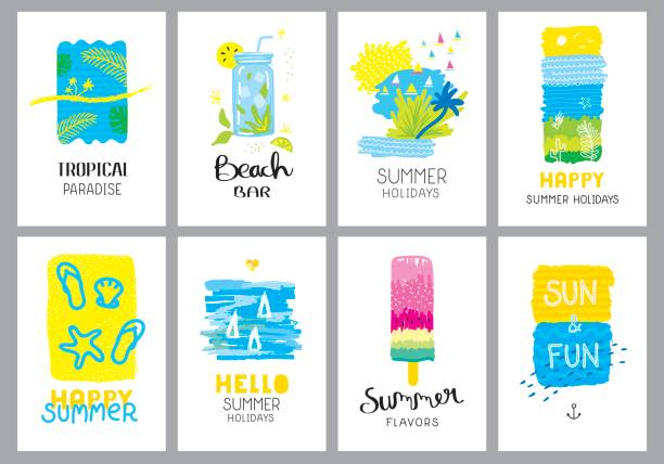 Happy summer holidays set Set of editable vector illustrations on layers. beach bar stock illustrations