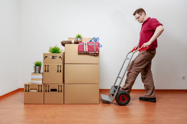 Man is packing boxes on a sack barrow stock photo