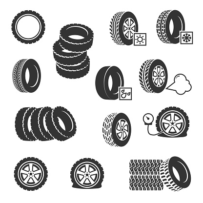 Tire shop, tyres change auto service vector icons set. Tire wheel and car service with change and pump tire illustration
