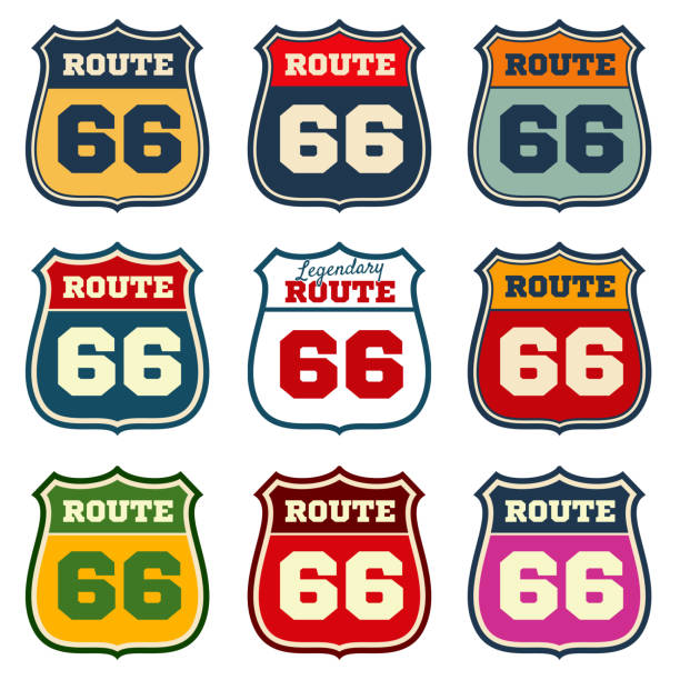 ilustrações de stock, clip art, desenhos animados e ícones de route 66, vintage us highway vector emblems - route 66 illustrations