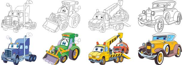 Cartoon Heavy Cars Set Stock Illustration - Download Image Now - Cartoon,  Coloring Book Page - Illlustration Technique, Tractor - iStock