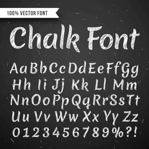 Chalk white calligraphy letters, vector writing alphabet isolated on black chalkboard Chalk white calligraphy letters, vector writing alphabet isolated on black chalkboard. Letter and number for education, script type letters abc illustration writing on chalk board stock illustrations