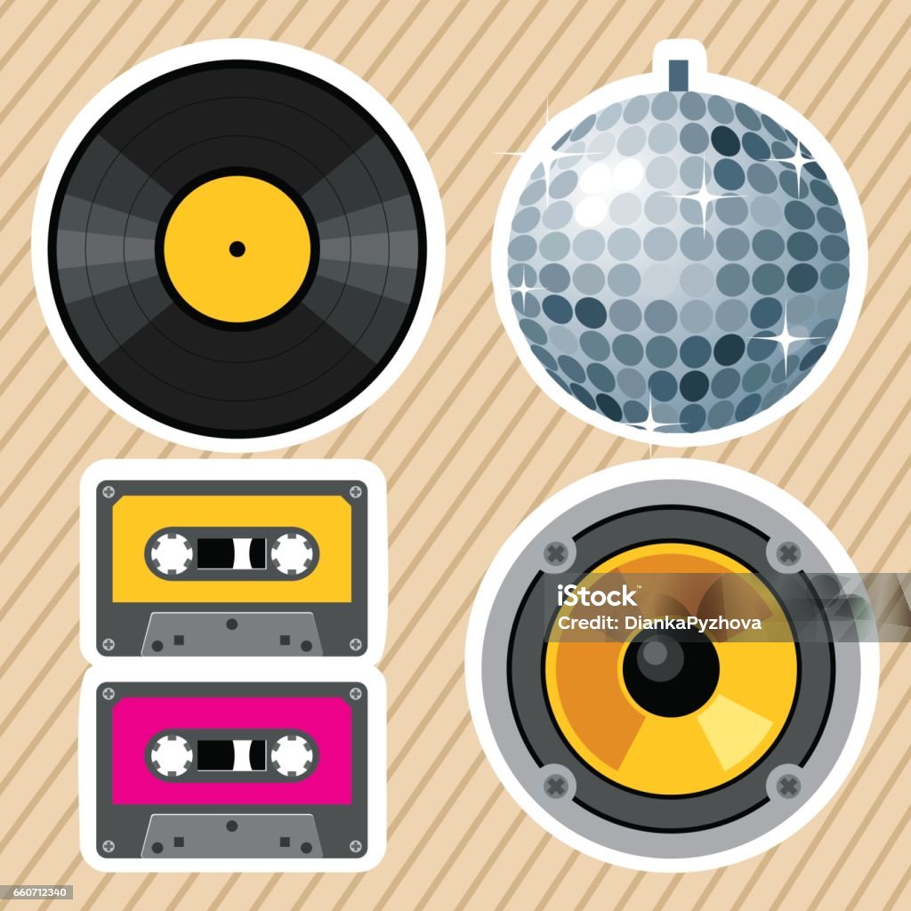 Vintage party design elements. Retro styled set of vintage musical party equipment. Vintage vinyl record, Shiny disco ball, pair of old school cassettes and Loudspeaker icon. Can be used as party icons, night club design elements. Disco Ball stock vector