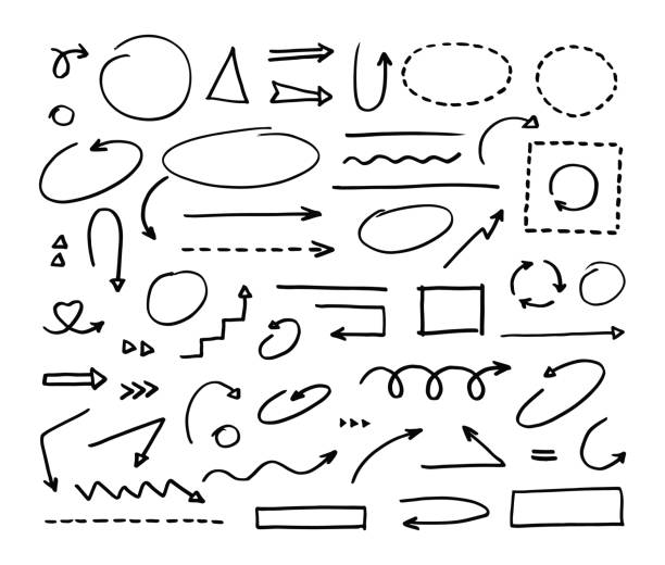 элементы ручной работы. нарисованные вручную векторные стрелки, установленные на белом фоне - down marker stock illustrations