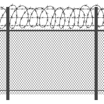 Prison privacy metal fence with barbed wire vector seamless black silhouette. Fence for prison security, illustration of wire fence for jai