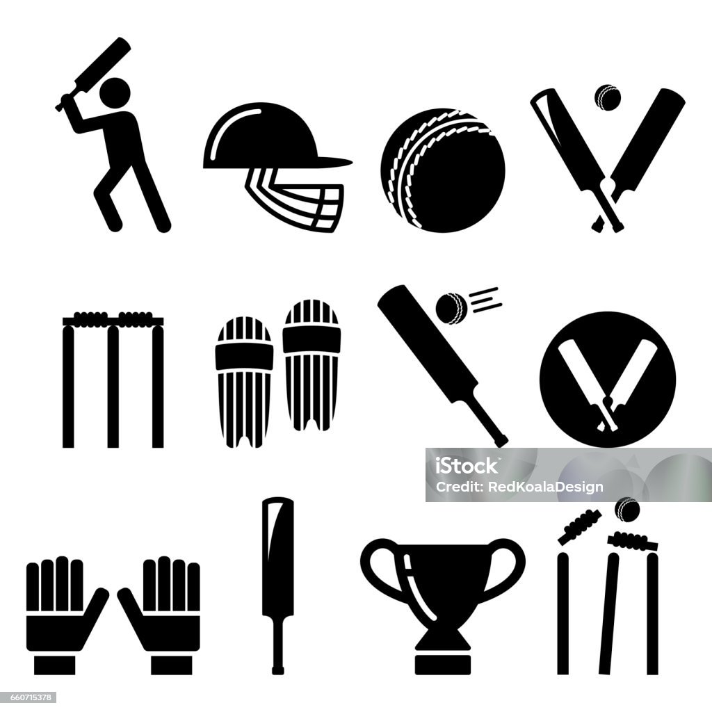 Cricket bat, man playing cricket, cricket equipment - sport icons set Vector icons set - cricket collection isolated on white Sport of Cricket stock vector