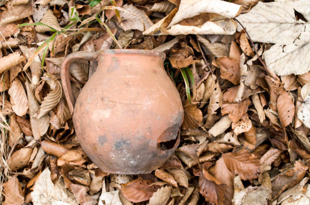 istock Old broken jar in dry autumn leaves 660718324