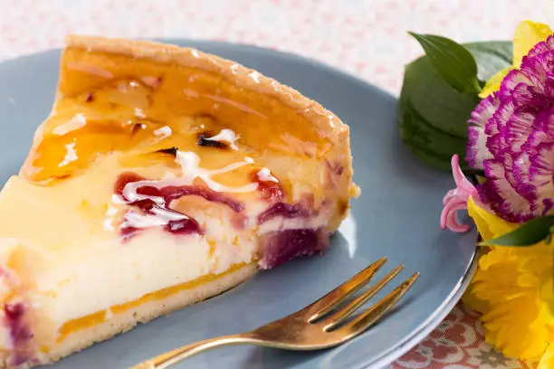 Vanilla Cream Tart Pie Slice with Peach, Pineapple and Cherry