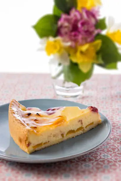 Vanilla Cream Tart Pie Slice with Peach, Pineapple and Cherry