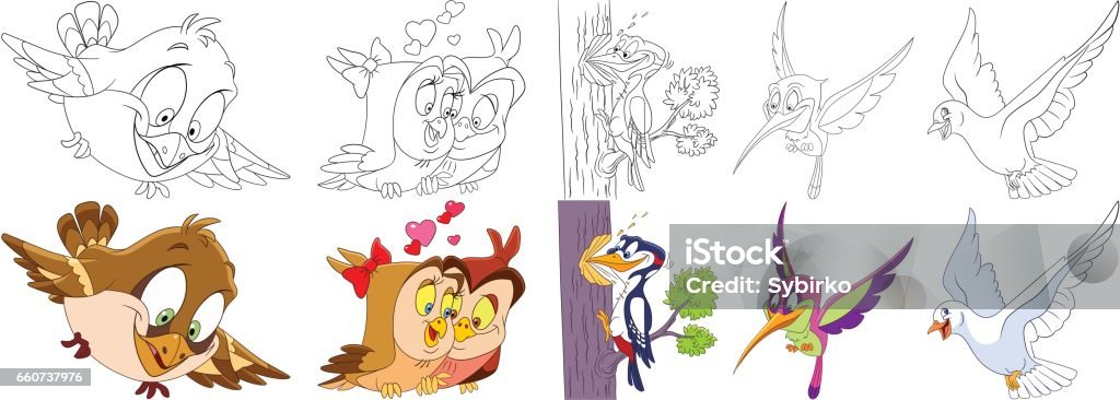 cartoon animals birds set Cartoon animals set. Collection of birds. Sparrow, owls in love, woodpecker, hummingbird, pigeon (dove). Coloring book pages for kids. Woodpecker stock vector