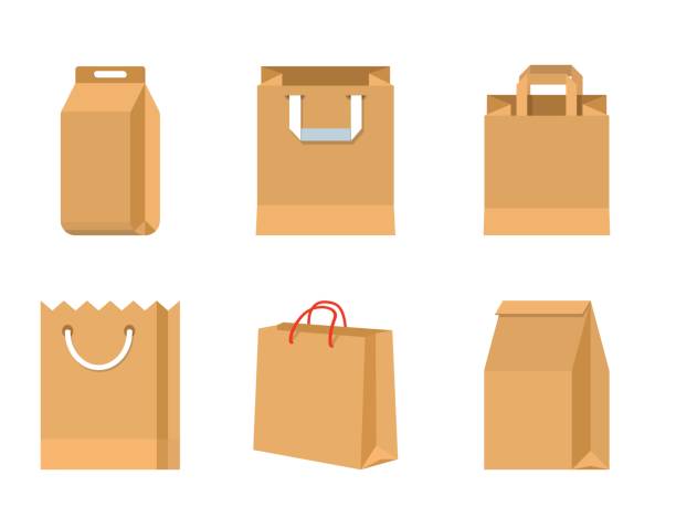 ilustraciones, imágenes clip art, dibujos animados e iconos de stock de conjunto de bolsas de papel marrón de vector - paper bag illustrations