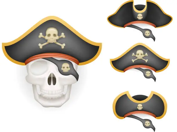 Vector illustration of Skull with pirate hats set realistic head isolated template mockup vector illustration