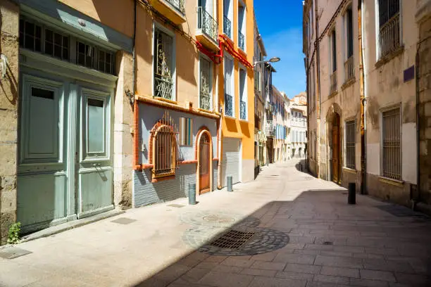 Street without people early in the morning. Europe. France,  Perpignan