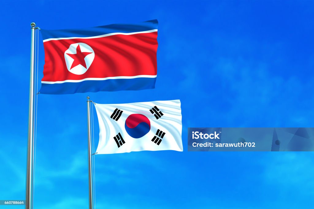Banderas de Corea del Norte y del Sur en el cielo azul. - Ilustración de stock de Corea del Sur libre de derechos