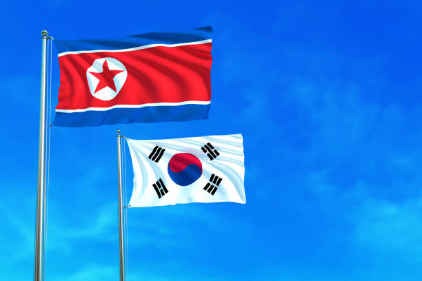 남북은 푸른 하늘에 깃발을 들고 있다. - south korea stock illustrations