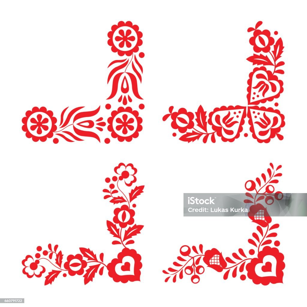 Jeu de broderie de quatre ornements de folk traditionnel, rouge isolé sur fond blanc - clipart vectoriel de Motif libre de droits