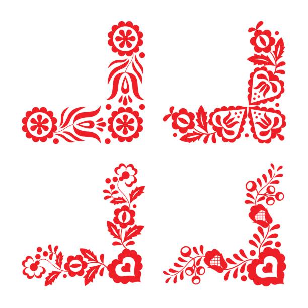 ilustrações, clipart, desenhos animados e ícones de conjunto de bordado de quatro ornamentos folk tradicional, vermelho, isolado em um fundo branco - república tcheca