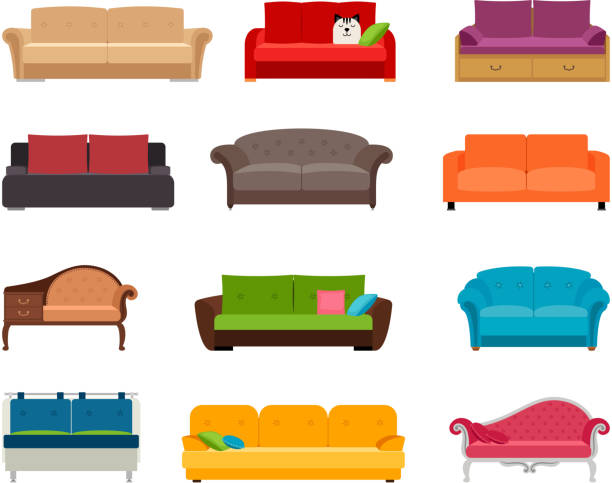 ilustrações, clipart, desenhos animados e ícones de sofá colorido conjunto de vetor. coleção de sofá confortável, isolada no fundo branco para design de interiores - pillow cushion red textile