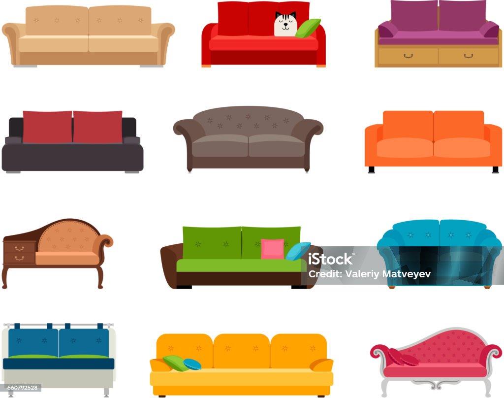 Sofa colored vector set. Comfortable couch collection isolated on white background for interior design Sofa colored vector set. Comfortable couch collection isolated on white background for interior design. Collection of sofa illustration Sofa stock vector