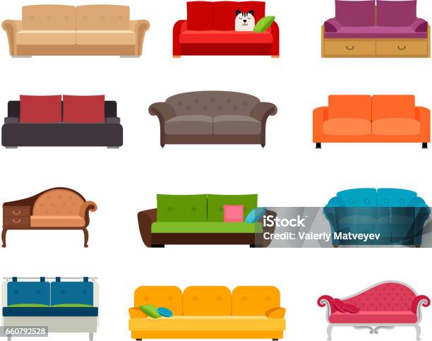 Sofa Colored Vector Set Comfortable Couch Collection Isolated On White Background For Interior Design Stock Illustration - Download Image Now