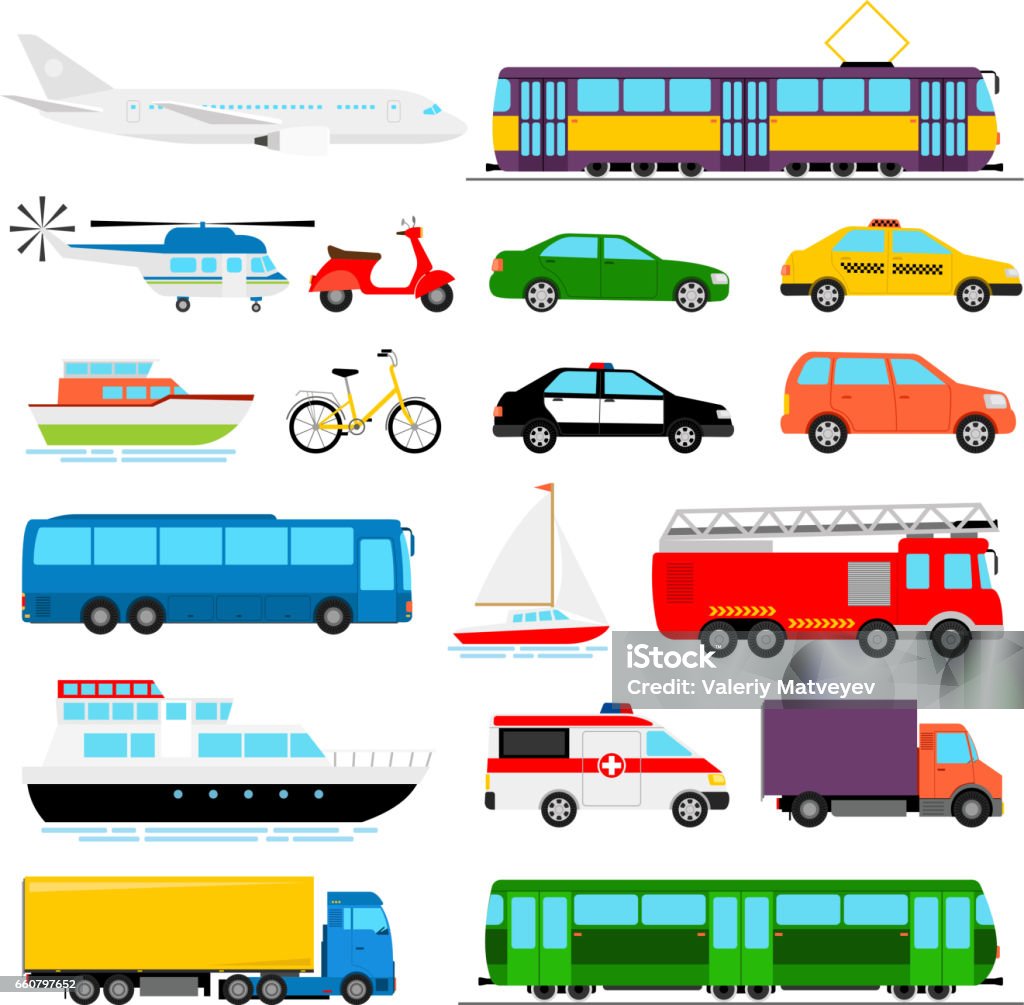 Urban transport colored vector illustration. City transportation Urban transport colored vector illustration. City transportation and transporter isolated on white background Mode of Transport stock vector