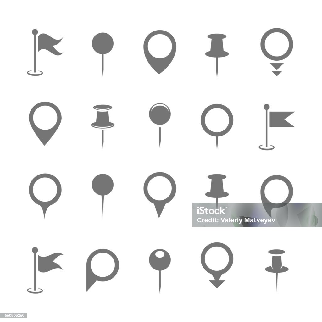 Map pin icons. Vector black place pointer or location marker signs isolated on white background Map pin icons. Vector black place pointer or location marker signs isolated on white background. Location pinpoint for gps navigation illustration Straight Pin stock vector