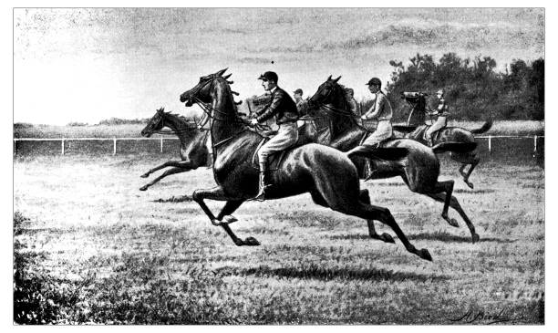 illustrazioni stock, clip art, cartoni animati e icone di tendenza di hobby antichi e illustrazione sportiva: corse di cavalli - steeplechasing