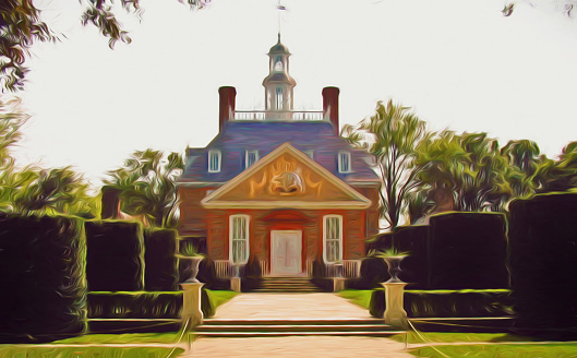 A digitally enhanced photo of the Governor's Palace in Colonial Williamsburg Virginia