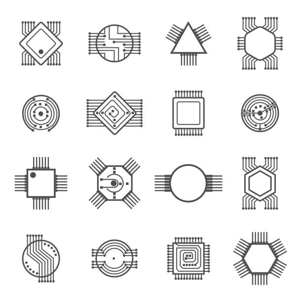 bildbanksillustrationer, clip art samt tecknat material och ikoner med datachip ikoner. elektronisk krets och processor tecken vektor illustration isolerade på vit bakgrund - wafer