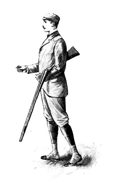 ilustrações de stock, clip art, desenhos animados e ícones de antique hobbies and sports illustration: hunter with rifle - illustration and painting rifle hunting old fashioned