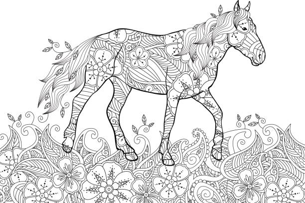 Coloring page in tangle inspired doodle style. Running horse on flowering meadow. Coloring page in tangle inspired doodle style. Running horse on flowering meadow. Horizontal composition. Coloring book for adult and older children. Editable vector illustration. adult coloring pages mandala stock illustrations