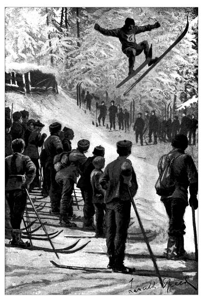 Antique hobbies and sports illustration: Ski jump
