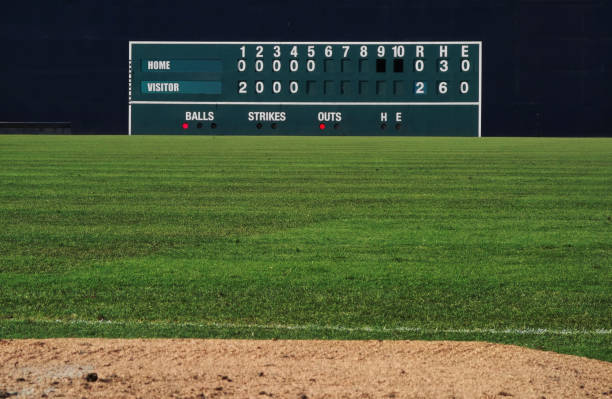 Vintage baseball scoreboard VIntage manual baseball scoreboard in the outfield outfield stock pictures, royalty-free photos & images