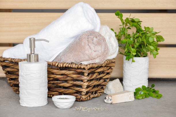 istock soap,herbs and towels in a wicker basket on a light background 660884756