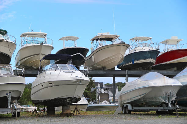 istock Boats and yachts stand in two rows 660890300