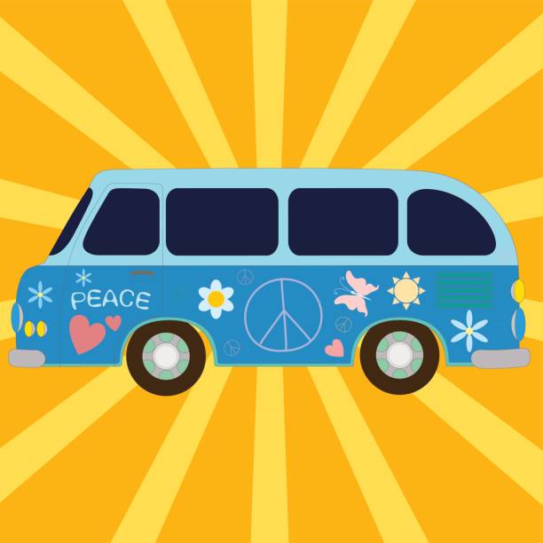 ilustraciones, imágenes clip art, dibujos animados e iconos de stock de vintage van pintada de símbolos hippie - peace on earth audio