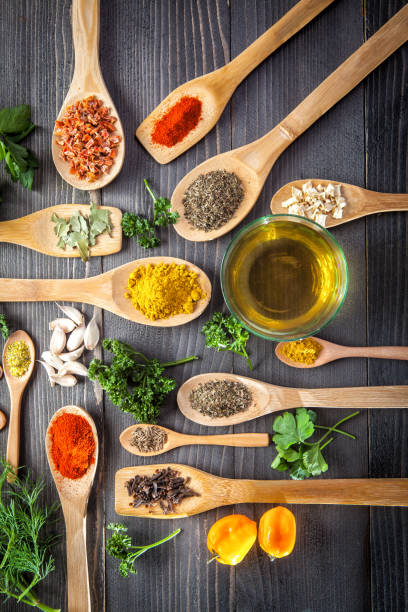 istock Various spice on wooden spoons with herbs 660930254