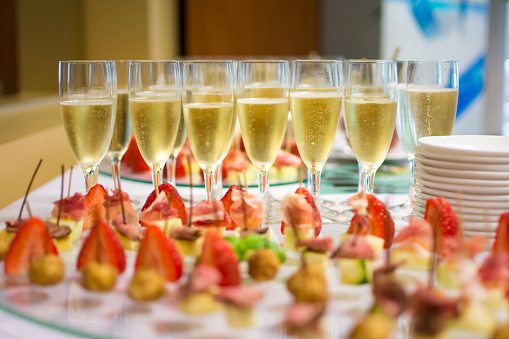 Champagne and strawberries served at the reception