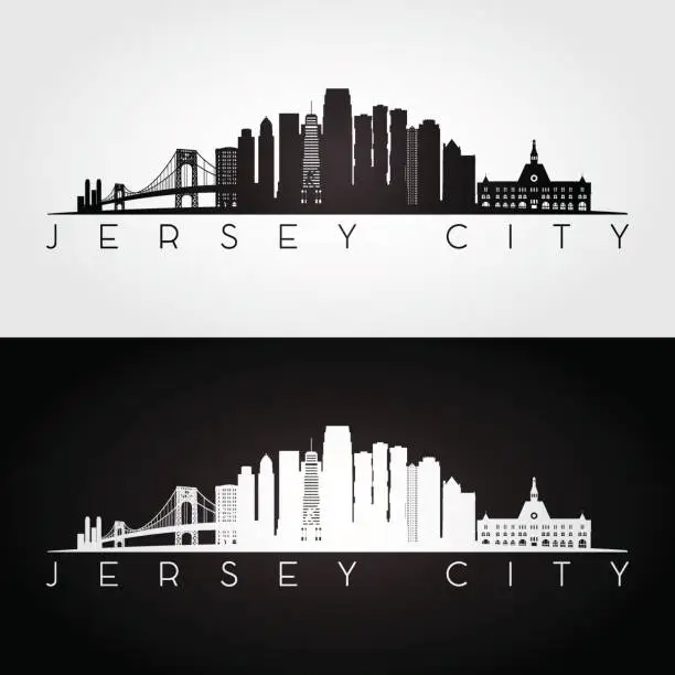 Vector illustration of Jersey City USA skyline and landmarks silhouette, black and white design, vector illustration.