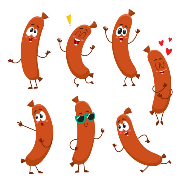 Cute, funny sausage characters with human face showing different emotions Cute and funny sausage characters with human face showing different emotions, cartoon vector illustration isolated on white background. Set of sausage characters, mascot, design elements sausage stock illustrations